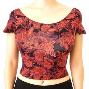 Womens Paisley Pink Crop Top Bodycon Boho Casual School T Shirt Ribbed Sz S